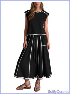 Womens 2 Piece Skirt Set Cap Sleeve Midi Skirt Resort Outfit